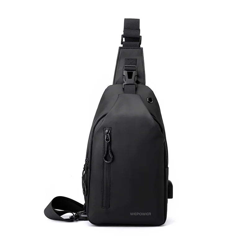 FanzyMarket men's waterproof large-capacity crossbody sling bag in black, lightweight and suitable for travel with single shoulder design.