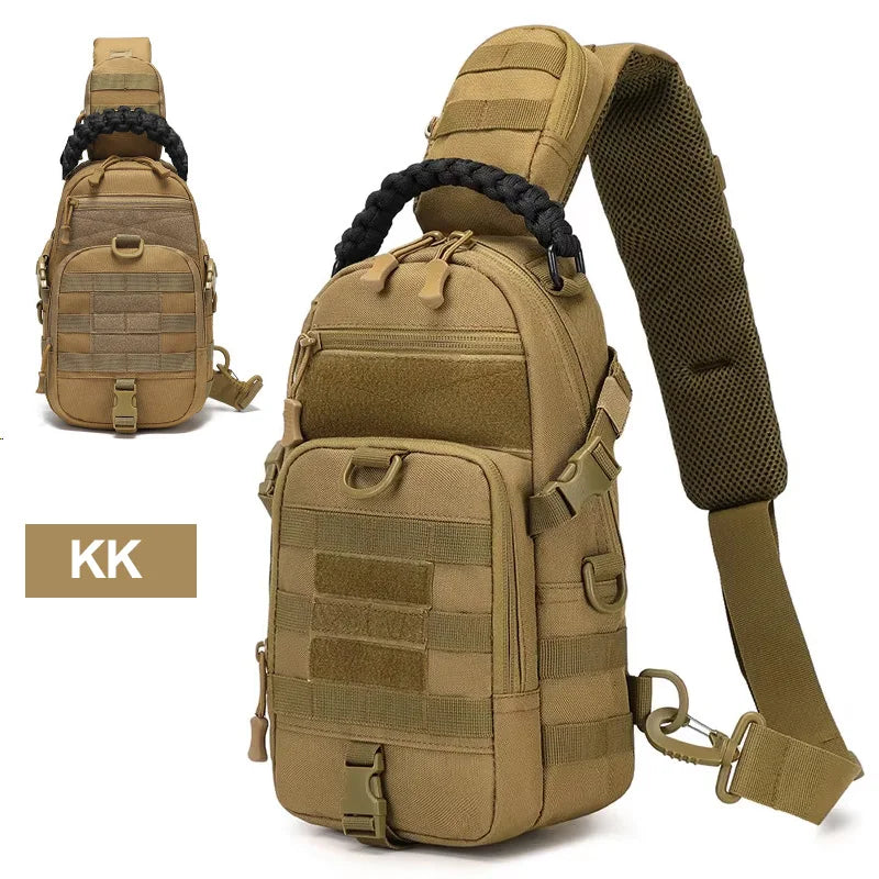 Black tactical chest sling bag for men by FanzyMarket, outdoor hiking, camping, fishing, cycling, MOLLE shoulder fanny pack.
