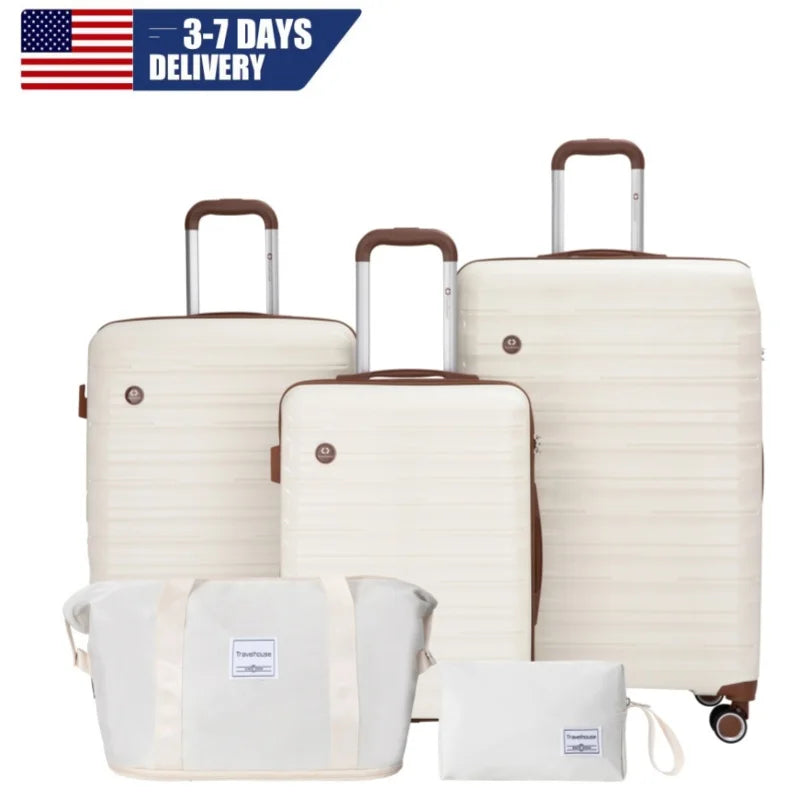 Gray 5-piece travel luggage set by FanzyMarket with 3 hardshell suitcases, double spinner wheels, TSA lock, waterproof duffel and toiletry bag.