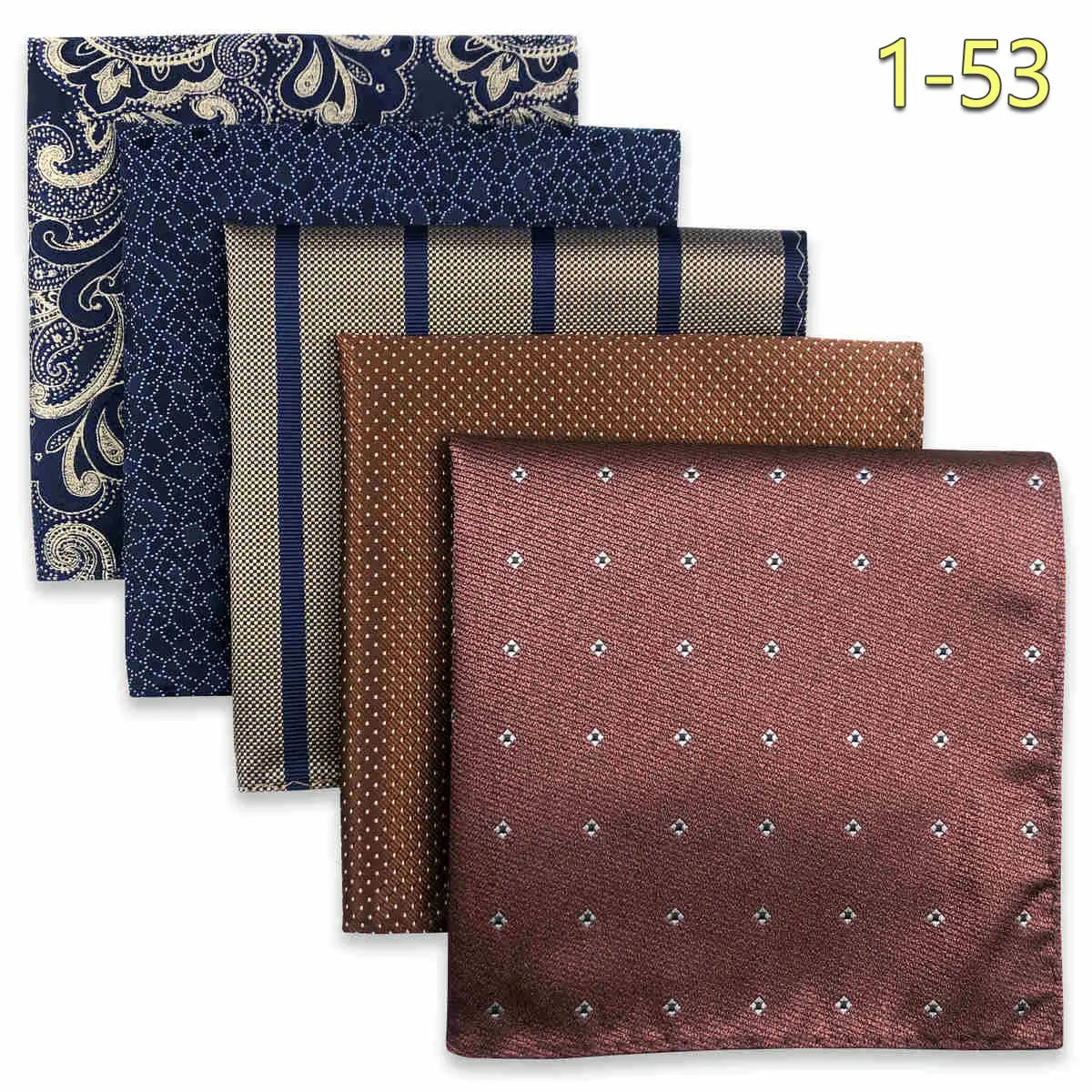 Set of five microfiber pocket squares with jacquard woven patterns, ideal for wedding or formal accessories, in assorted designs.
