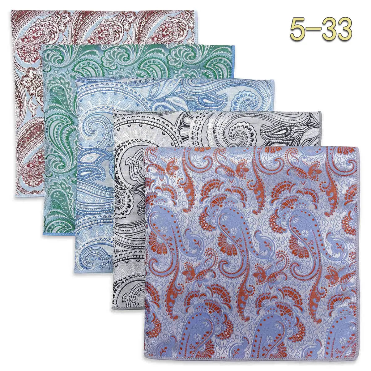 Set of five men's microfiber pocket squares with jacquard woven patterns, ideal for wedding or formal attire, assorted designs.
