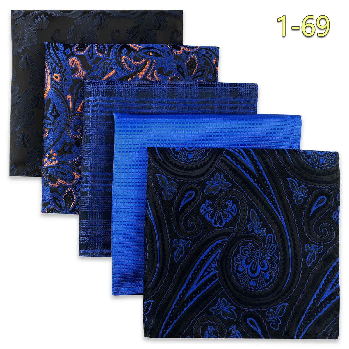 Five microfiber men's pocket squares with assorted jacquard woven patterns, ideal for wedding and formal attire.