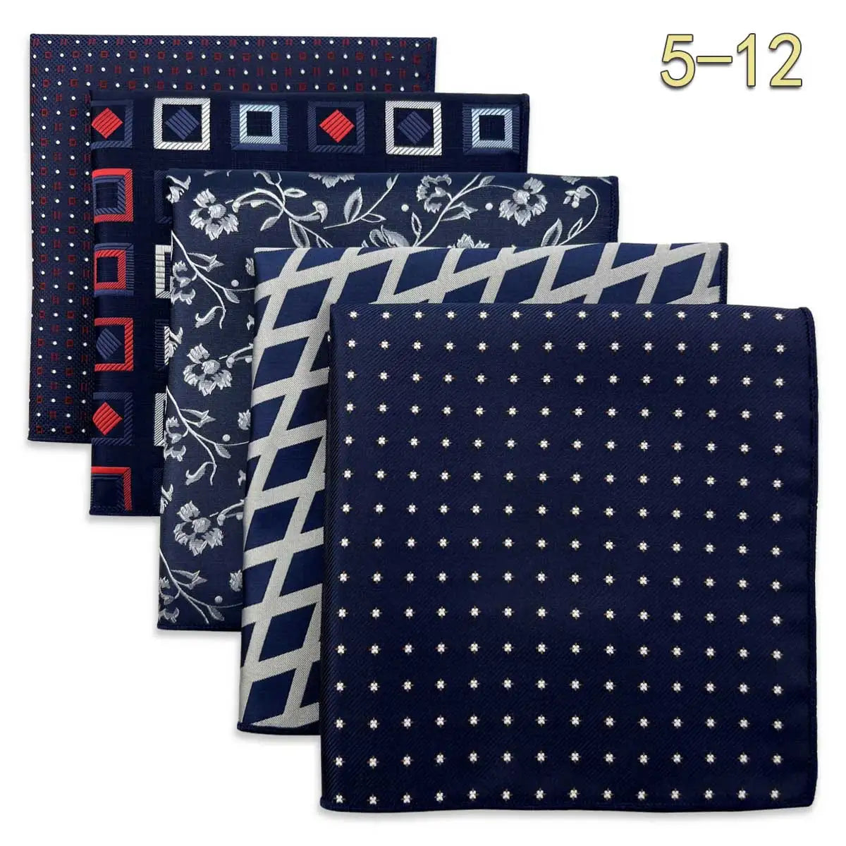 Set of five men's microfiber pocket squares with jacquard woven patterns, ideal for wedding or formal attire.