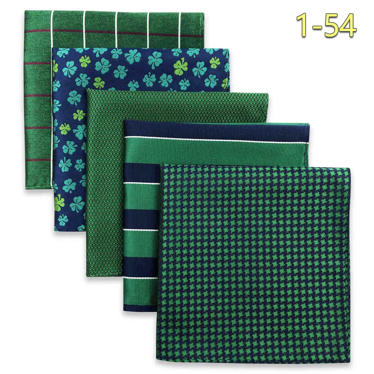 Five microfiber men's pocket squares with jacquard woven patterns in assorted designs, ideal for wedding or formal attire.