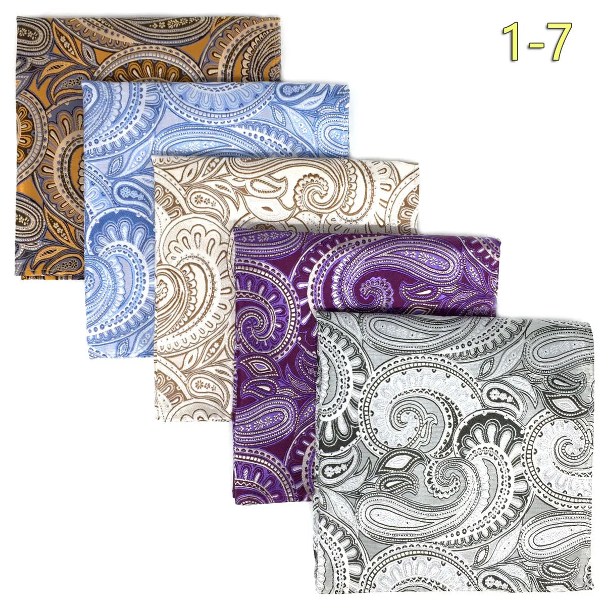 Five microfiber men's pocket squares in assorted jacquard woven patterns, 12.6 inches, for wedding and formal accessories.