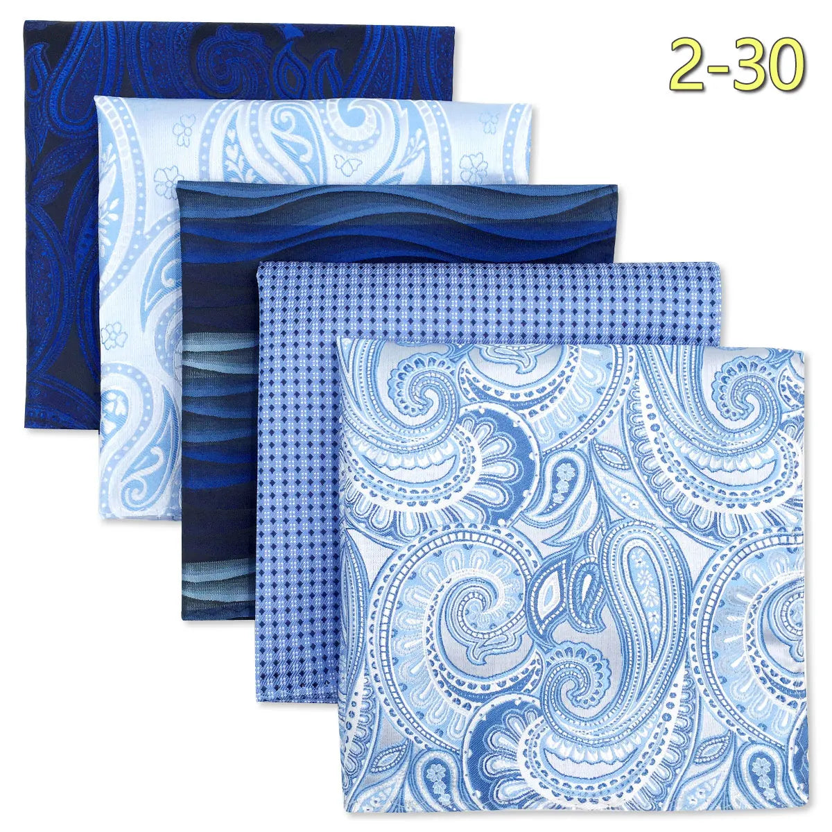 Set of five men's microfiber pocket squares with jacquard woven patterns in assorted designs, ideal for wedding and formal attire.