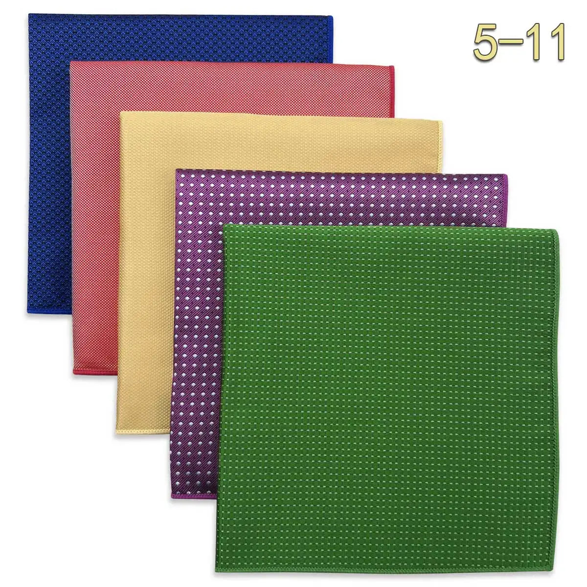 Set of five men's microfiber pocket squares with jacquard woven patterns, 12.6 inches, in assorted designs for wedding and formal wear.