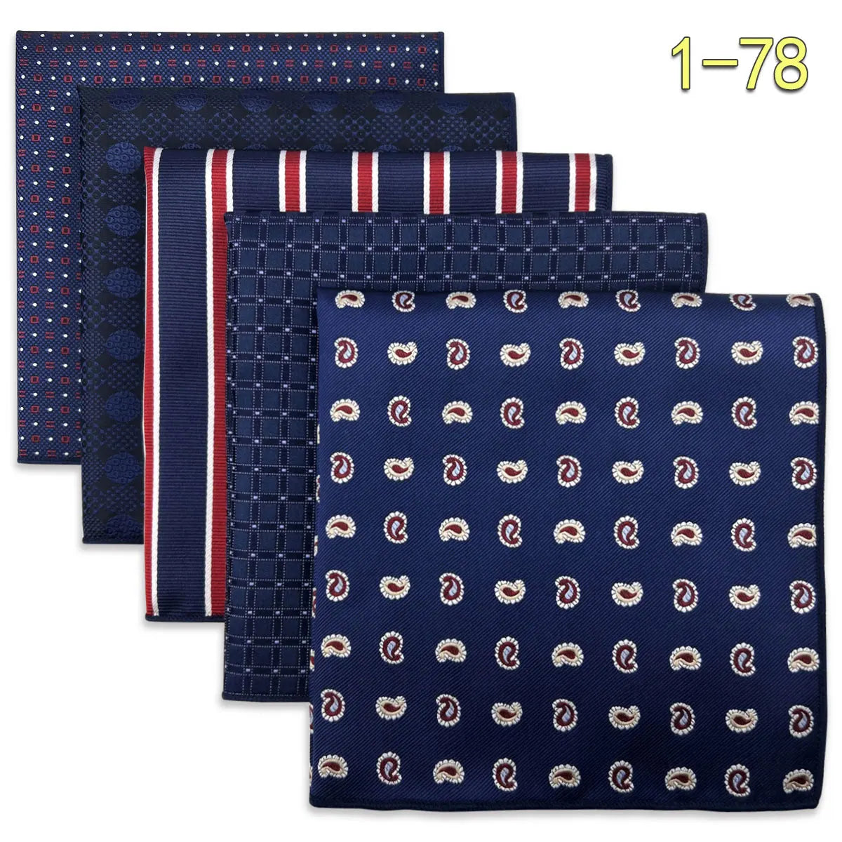 Five microfiber men's pocket squares with assorted jacquard woven patterns, perfect for wedding and formal accessories.
