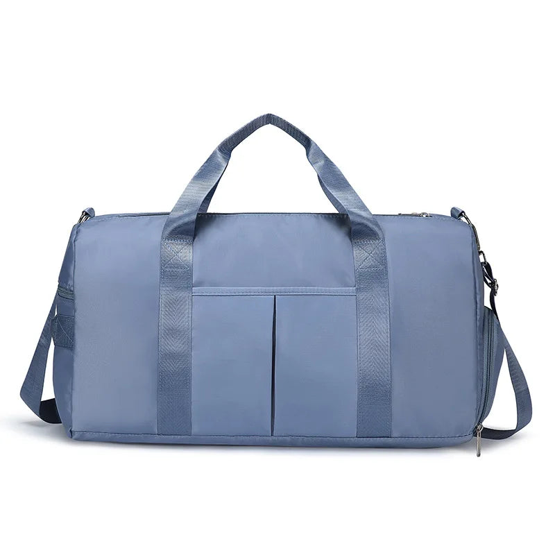 Sky-blue waterproof gym and travel bag by FanzyMarket with dry-wet separation, large capacity yoga duffle for women and men.
