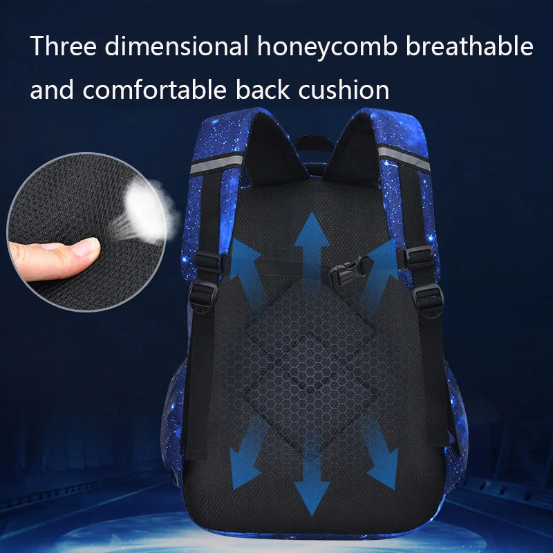 Starry Sky Kids Backpack by FanzyMarket, waterproof polyester school bag with starry black design for boys and girls.