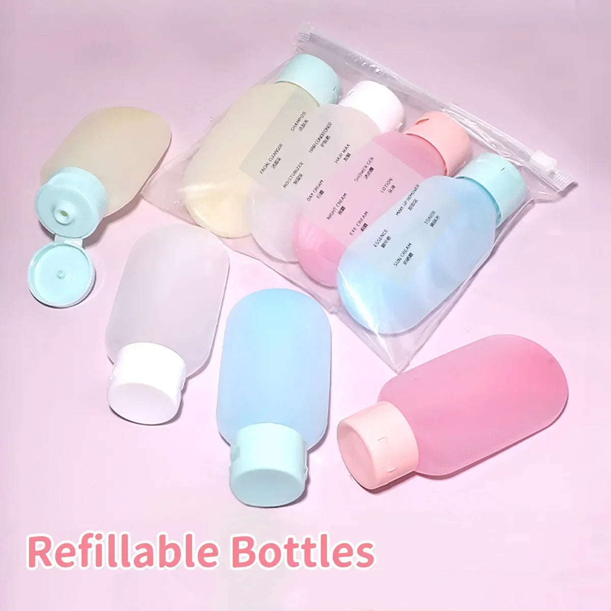 Refillable silicone travel bottle set with 30ml and 60ml soft squeeze containers for shampoo and lotion, portable travel accessories.