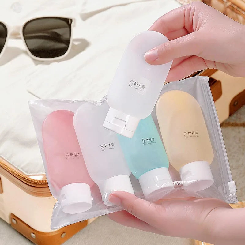 FanzyMarket silicone travel bottles set with four refillable 60ml TSA-friendly toiletry and shampoo bottles for travel.