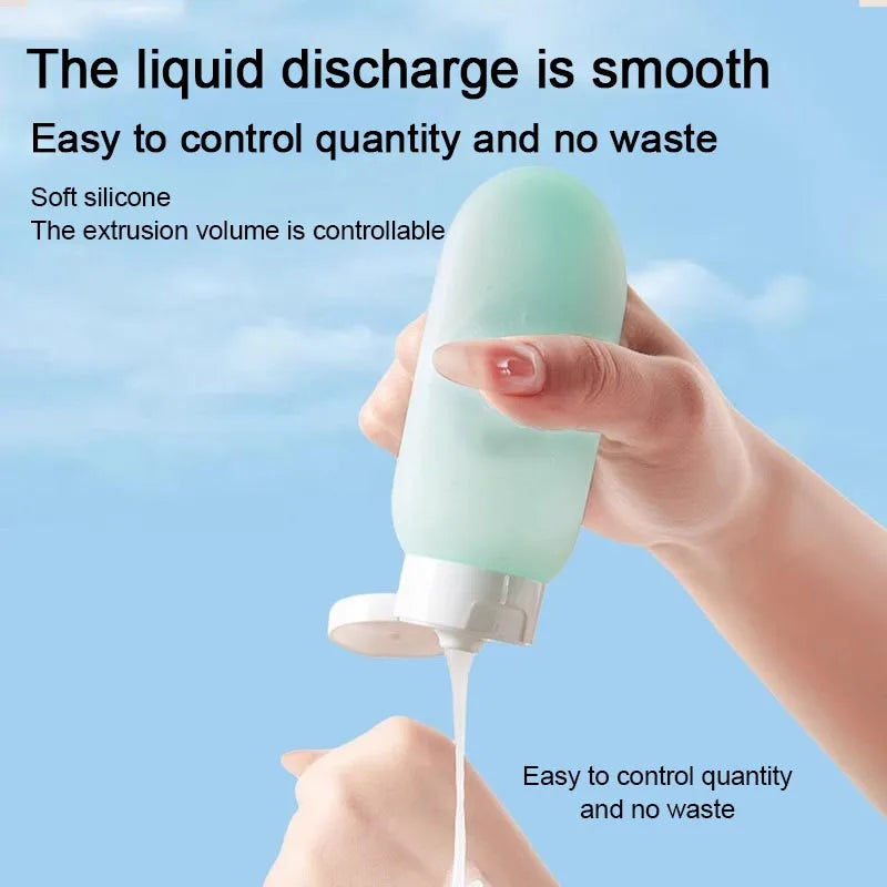 FanzyMarket silicone travel bottles set with four refillable 60ml TSA-friendly toiletry and shampoo bottles for travel.