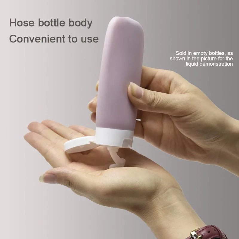 FanzyMarket refillable travel bottles set with four 60ml leakproof containers for shampoo, lotion, and cosmetics.