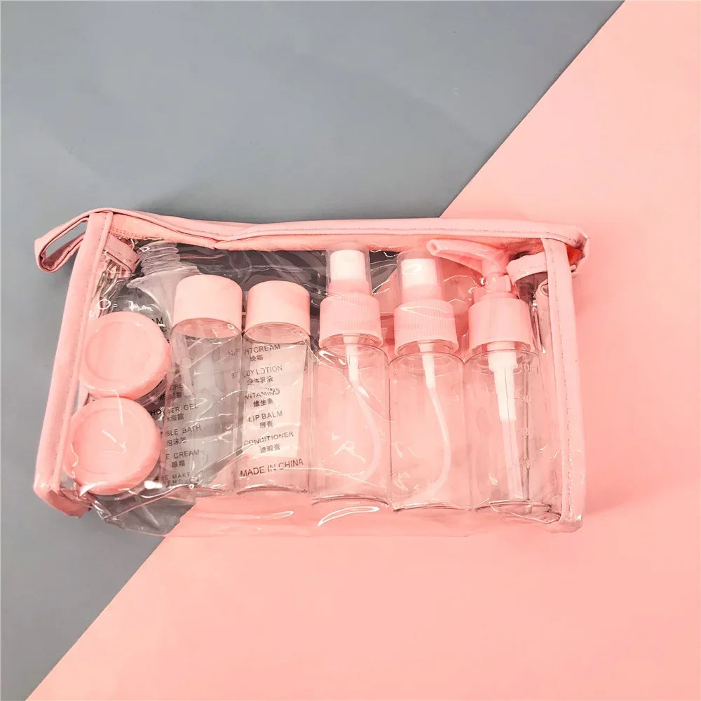 Set of 10 clear plastic travel mini cosmetic face cream bottles from FanzyMarket, 80ml capacity, empty makeup containers for toiletries.
