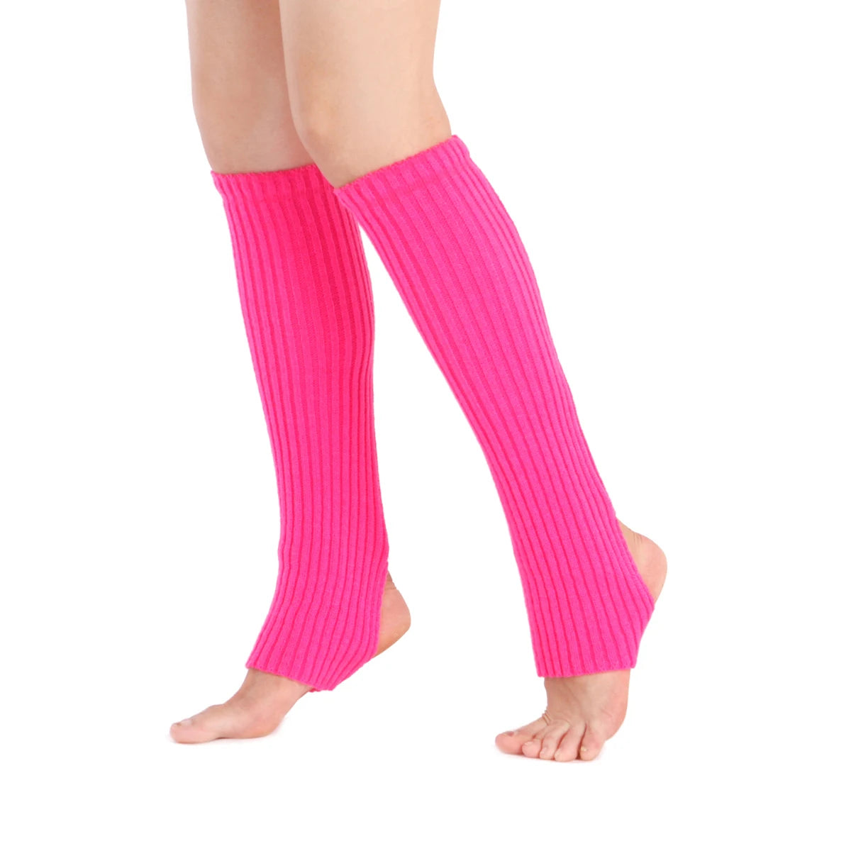 Pair of black women's knitted winter leg warmers with crochet boot cuffs, 50 cm length, suitable for dance and sports.