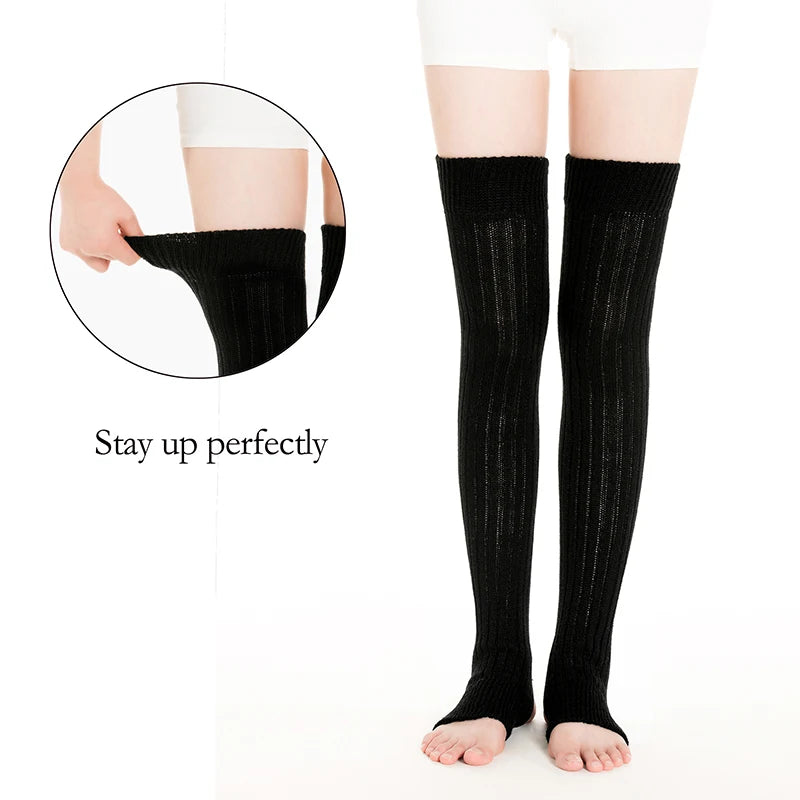 Black women's over-the-knee knit leg warmers and thigh-high socks with open heels, 27 and 36 inches, soft winter accessories.