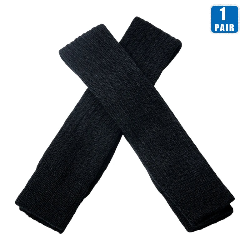 Black women's over-the-knee leg warmers by FanzyMarket, knit boot stockings, open heel, footless thigh-high socks, soft winter gaiters.