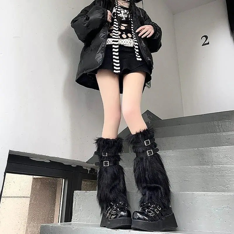 White faux fur leg warmers by FanzyMarket, knee-high Y2K goth boot covers, one size, soft and plush for fashionable footwear.