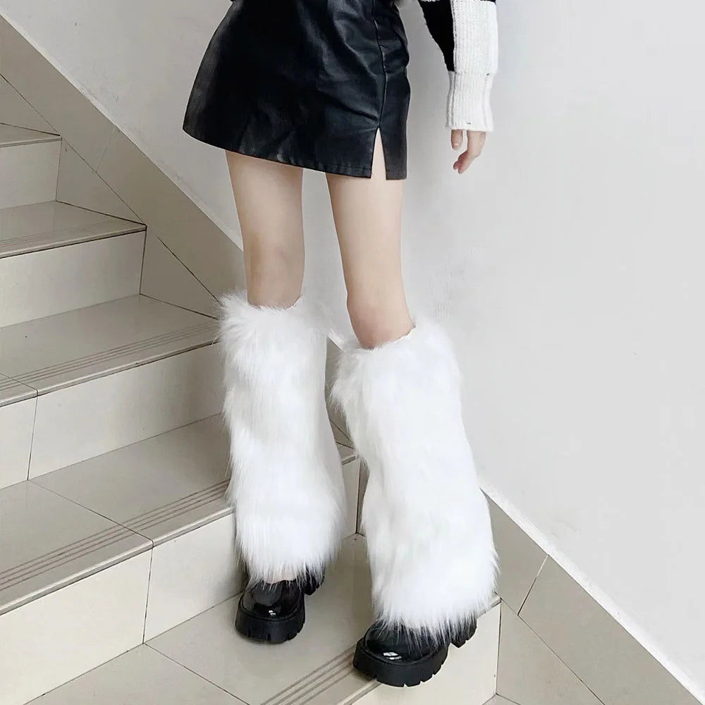 White faux fur leg warmers from FanzyMarket, Y2K goth knee-high boot covers, one size, featuring soft, fluffy fur for stylish warmth.
