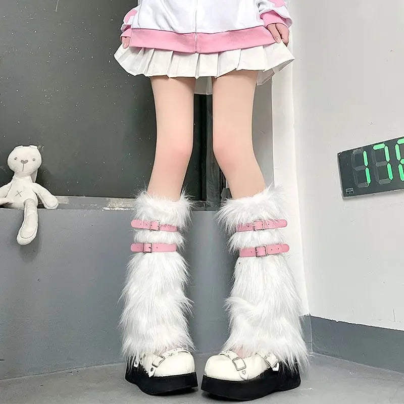 White faux fur leg warmers by FanzyMarket, knee-high Y2K goth boot covers, one size, cozy and stylish accessory for footwear.