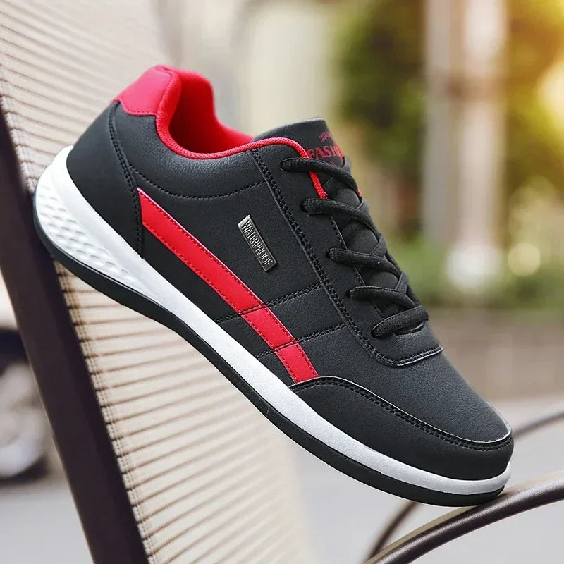 White men's leather lace-up vulcanized sneakers by FanzyMarket, casual ankle trainers with a comfortable, stylish fit.