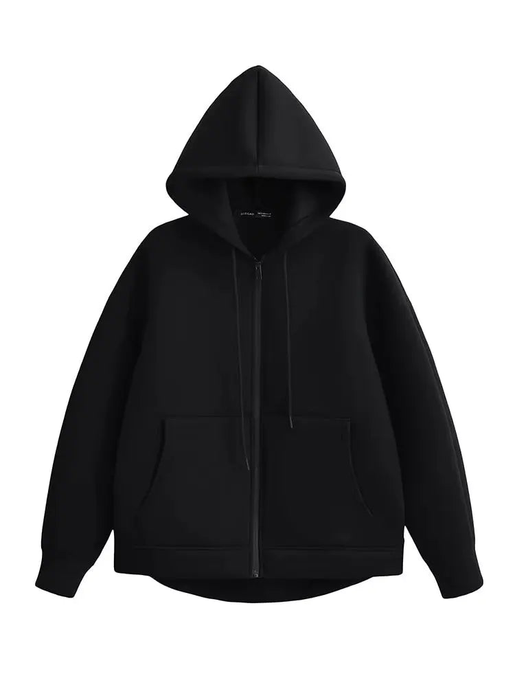 Gray hooded zipper jacket for women with large pockets and long sleeves, casual loose fit, by FanzyMarket.