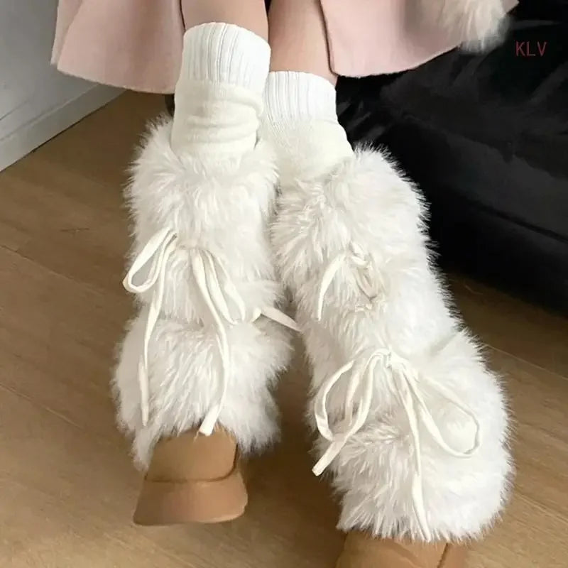 FanzyMarket white furry plush boot cuffs with ribbon bow, stylish leg warmers for winter, designed for footwear accessories.