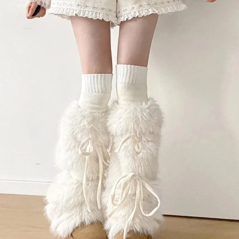 White furry plush JK Harajuku boot cuffs with ribbon bows, fashionable leg warmers for winter footwear by FanzyMarket.