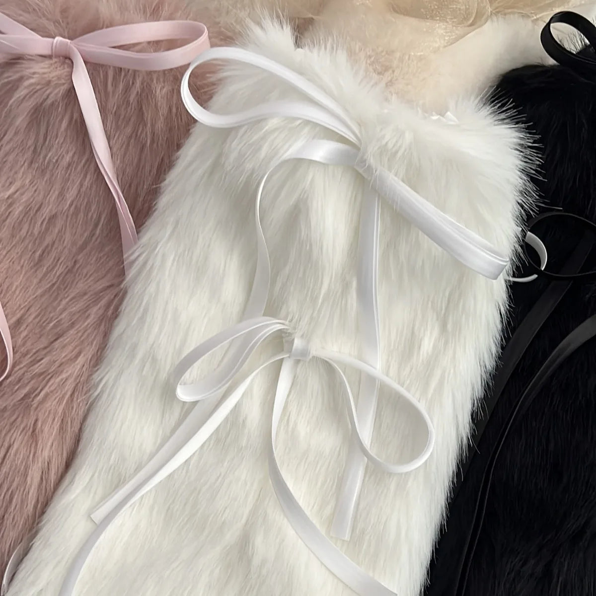 FanzyMarket white furry plush boot cuffs with ribbon bows, stylish winter leg warmers for boots, JK Harajuku fashion accessory