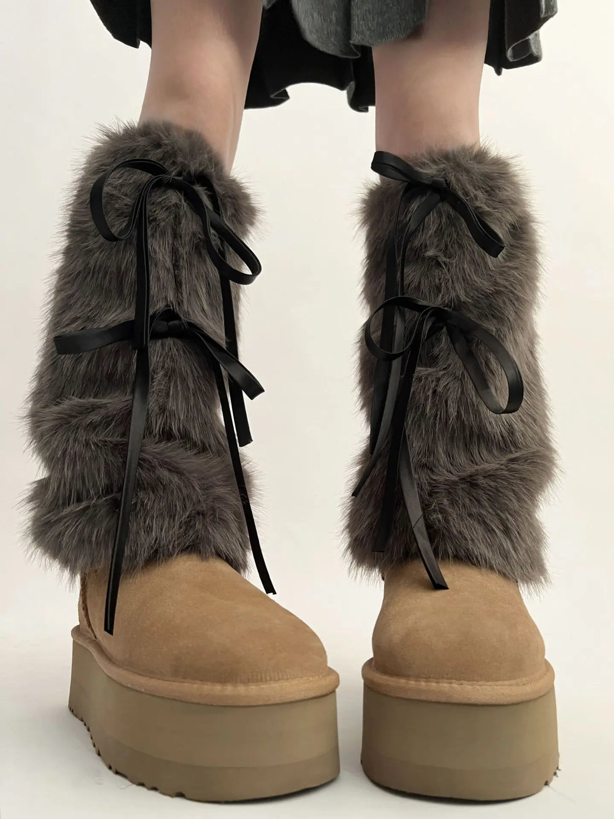 FanzyMarket white furry plush boot cuffs with ribbon bow, stylish winter leg warmers, accessory for footwear and fashion.
