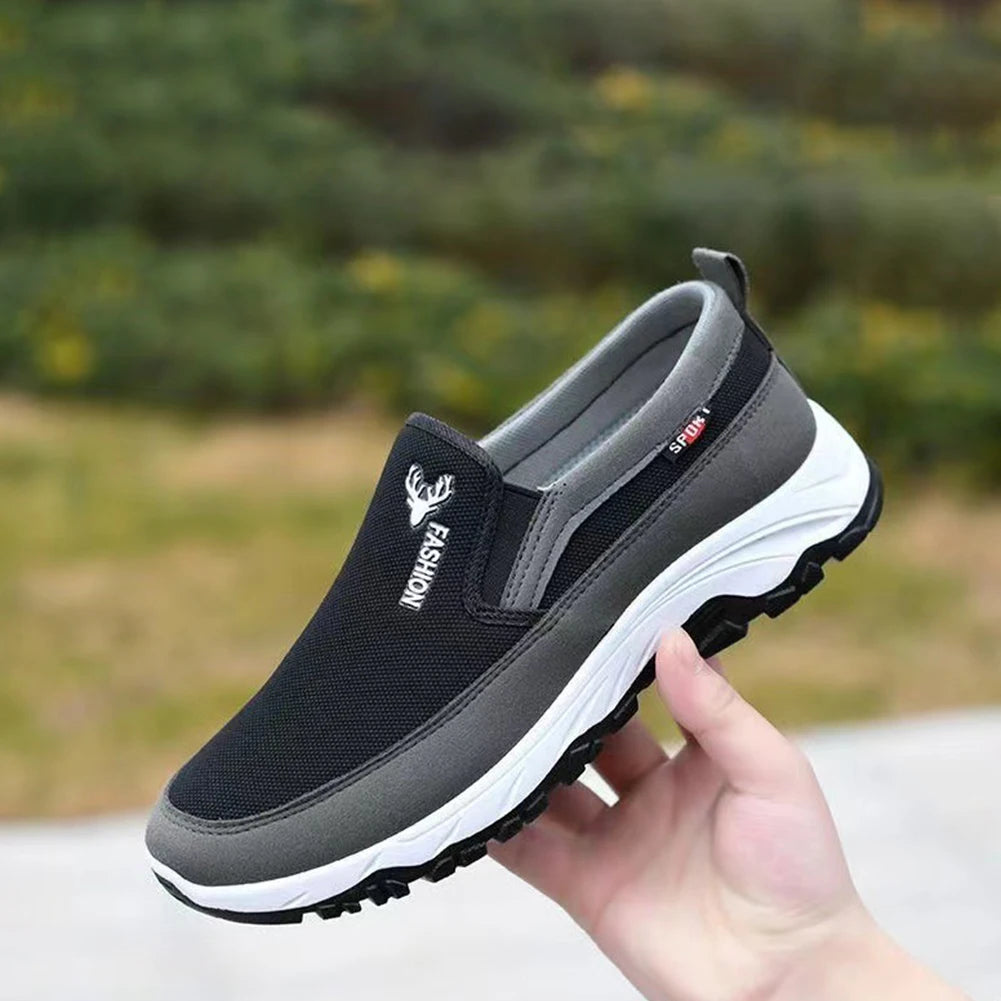 FanzyMarket men's orthopedic breathable slip-on travel shoes in blue, non-slip sneakers designed for walking and hiking comfort.