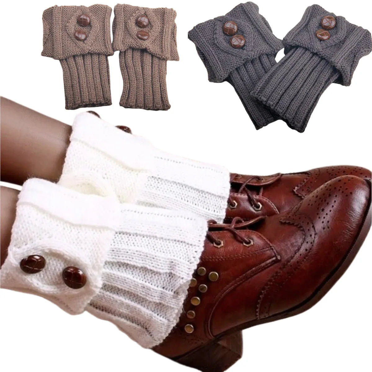 FanzyMarket women's short knit diamond boot cuffs with 2-button design, cozy leg warmers and boot covers for stylish footwear.