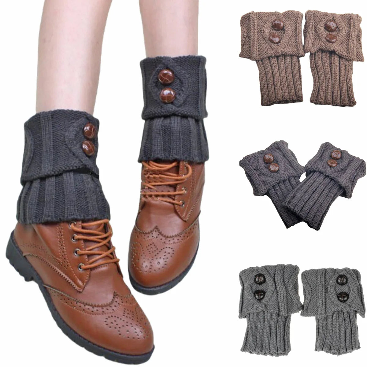 FanzyMarket women's short knit diamond boot cuffs with 2 buttons, stylish leg warmers and boot covers for added warmth and fashion.
