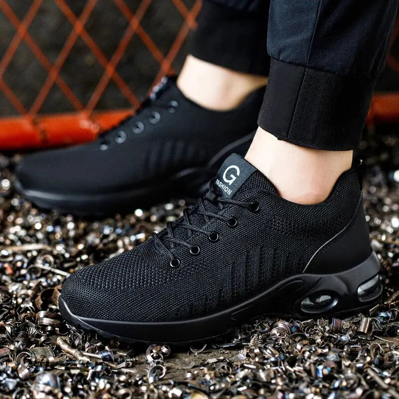 FanzyMarket unisex air cushion steel toe work shoes with breathable design and anti-puncture safety features, shown from a side angle.