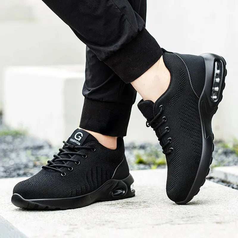 FanzyMarket unisex air cushion steel toe work shoes with breathable design and anti-puncture safety sneakers in black