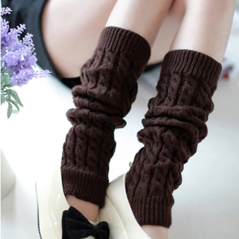 Women's black and white knit leg warmers with crochet design, 40 cm long, suitable for autumn and winter wear.