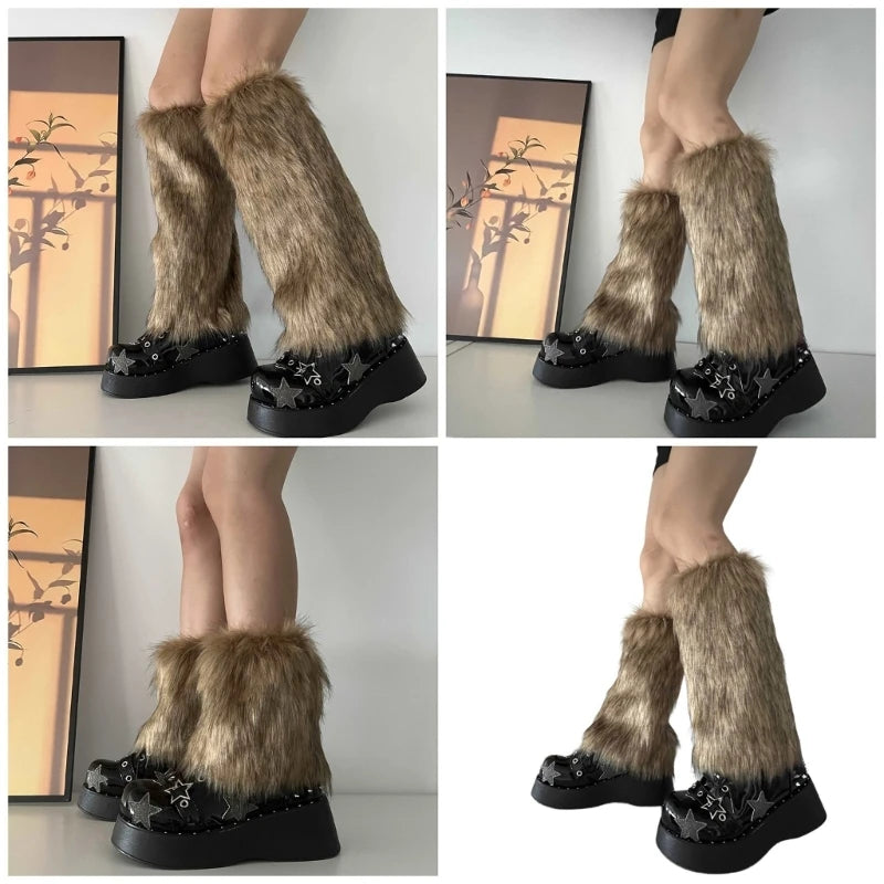 Faux fur knee-high leg warmers by FanzyMarket, plush Y2K goth punk sock covers in black with fur texture, 25cm length.