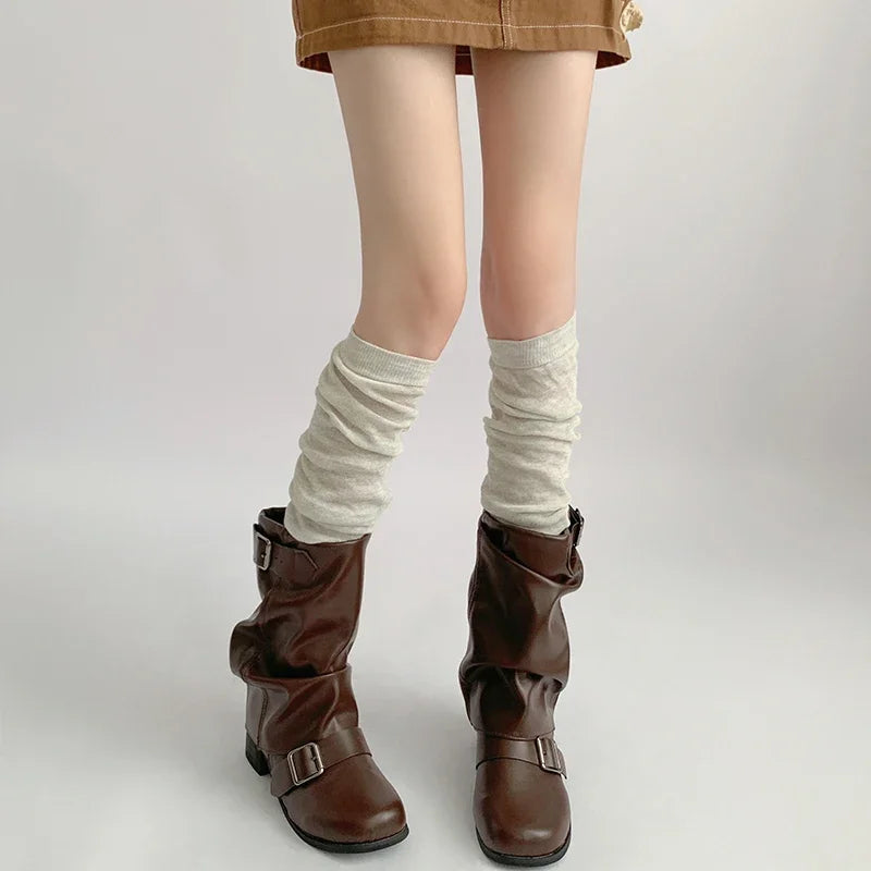 Women's gray knit calf leg warmers by FanzyMarket, cotton-blend ballet pile socks for autumn warmth and cozy style.