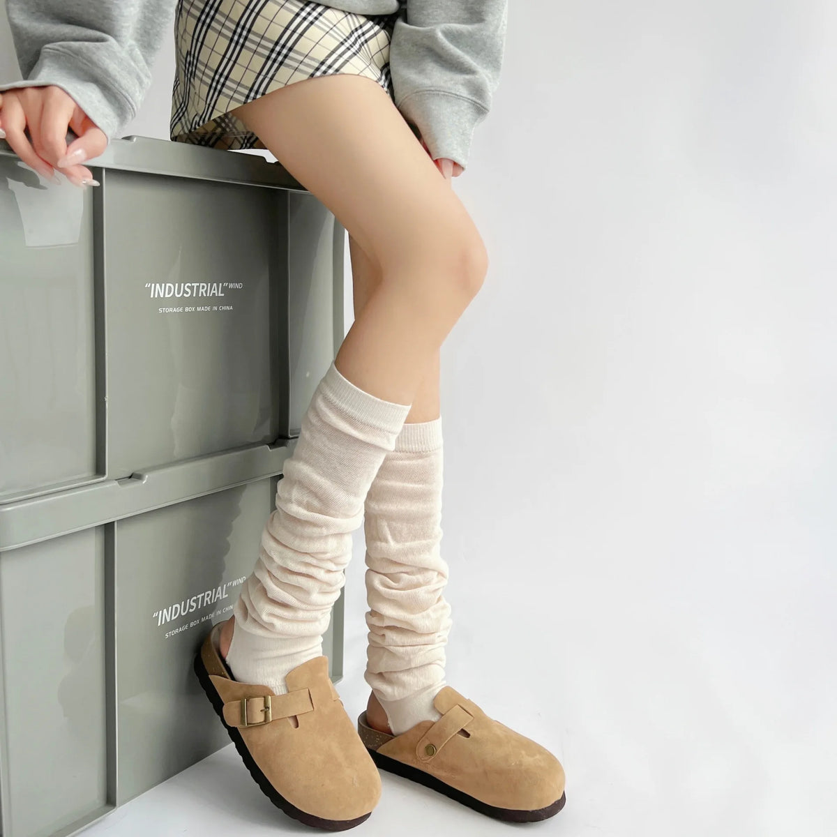 Women's gray knit calf leg warmers by FanzyMarket, cotton-blend ballet pile socks for autumn warmth and stylish comfort.