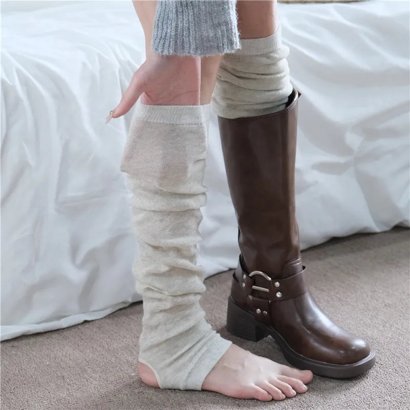 Women's gray knit calf leg warmers by FanzyMarket, cotton-blend ballet pile sock accessories for autumn wear.