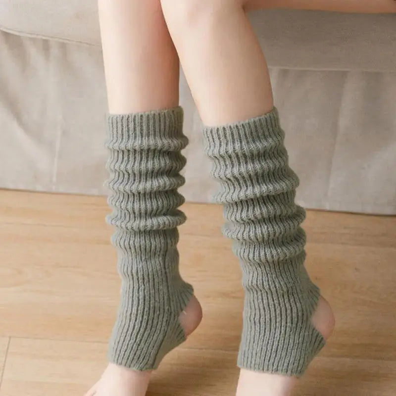 Gray women's knit leg warmers by FanzyMarket, 15.7 inches long, suitable for ballet, yoga, dance, and gym activities.