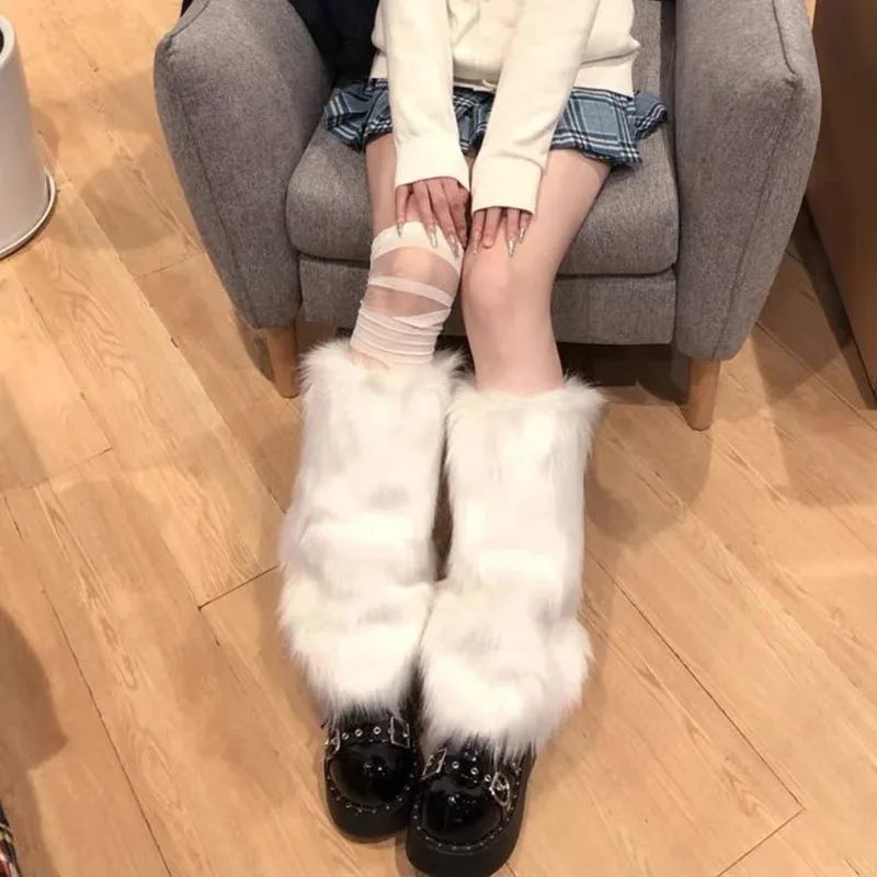 Black plush artificial fur knee-length leg warmers for women and girls, 25-40 cm, thermal accessories from FanzyMarket