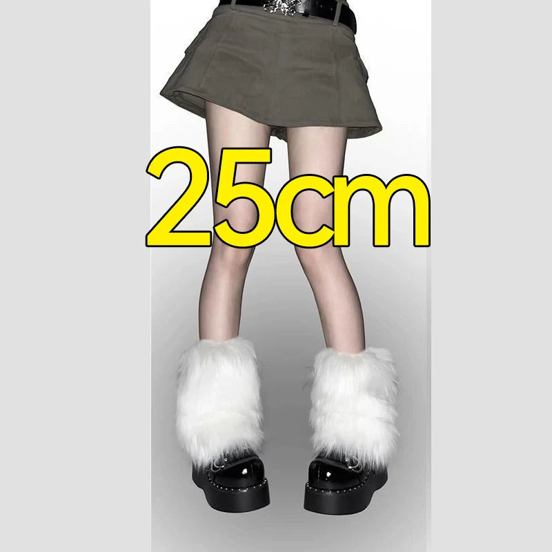FanzyMarket plush artificial fur knee-length leg warmers for women and girls, black thermal socks, 25-40 cm, cozy accessory.