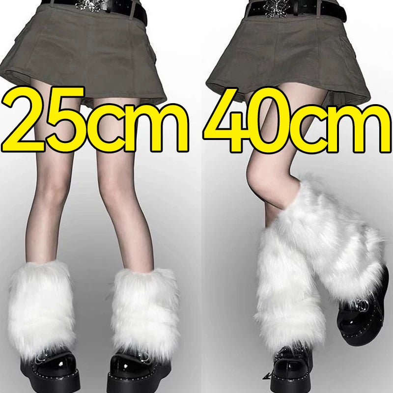 FanzyMarket plush artificial fur knee-length leg warmers for women and girls, black, 25-40 cm, cozy thermal accessories