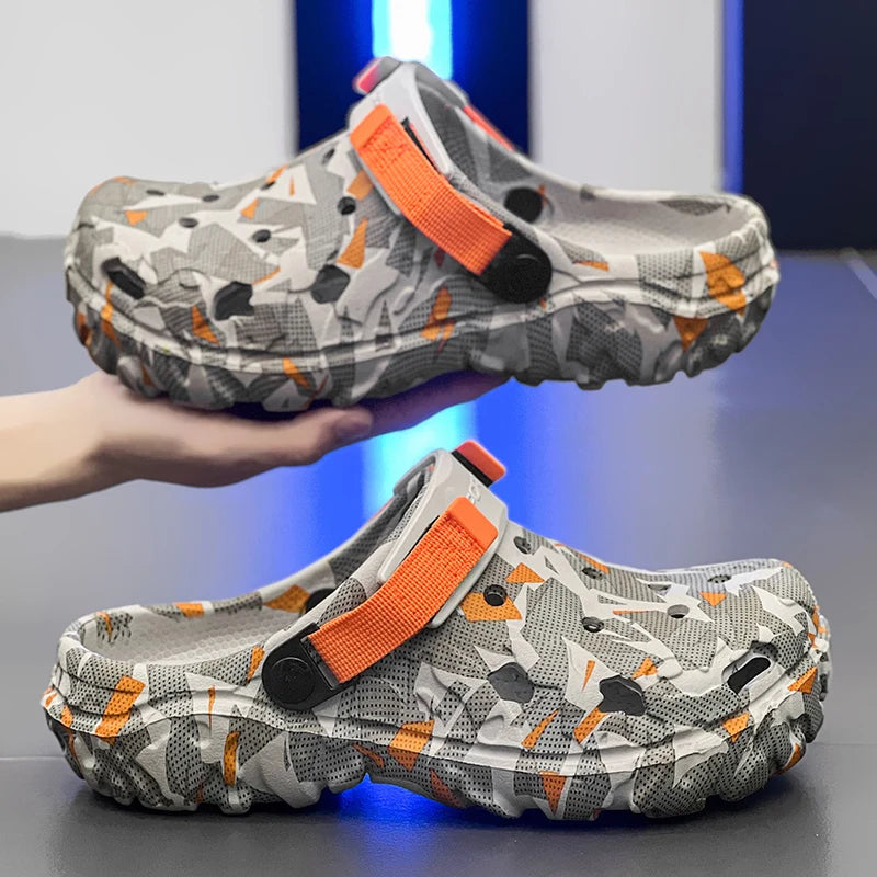 Men's camouflage EVA clogs slip-on garden sandals by FanzyMarket, casual outdoor and home footwear with orange accents.