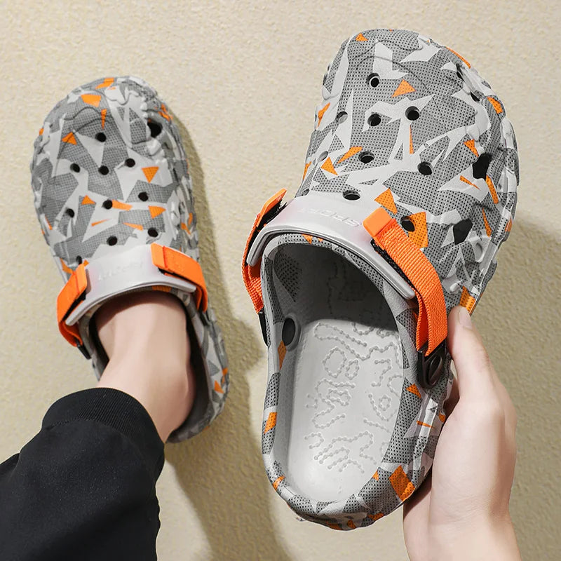 Men's camouflage EVA clogs slip-on garden sandals by FanzyMarket, casual outdoor and home footwear, orange color, lightweight and comfortable.