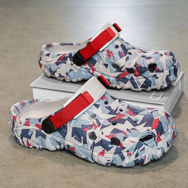 FanzyMarket men's camouflage EVA clogs slip-on garden sandals, casual outdoor and home shoes with orange camouflage pattern.