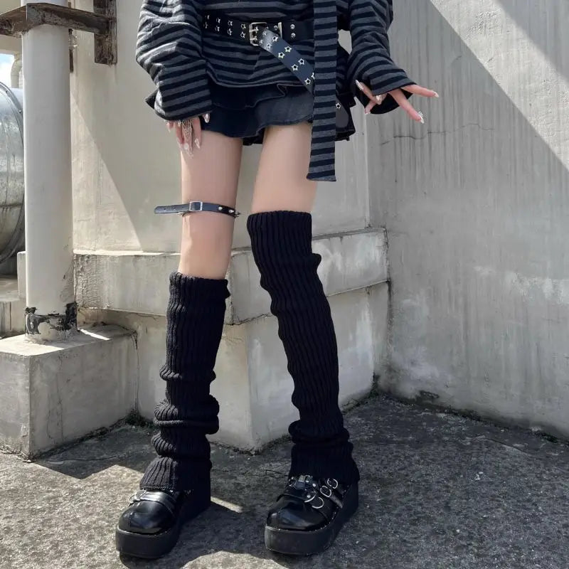 Pair of FanzyMarket knit bubble leg warmers in black, Y2K punk gothic style, available in 40, 50, and 70 cm lengths.