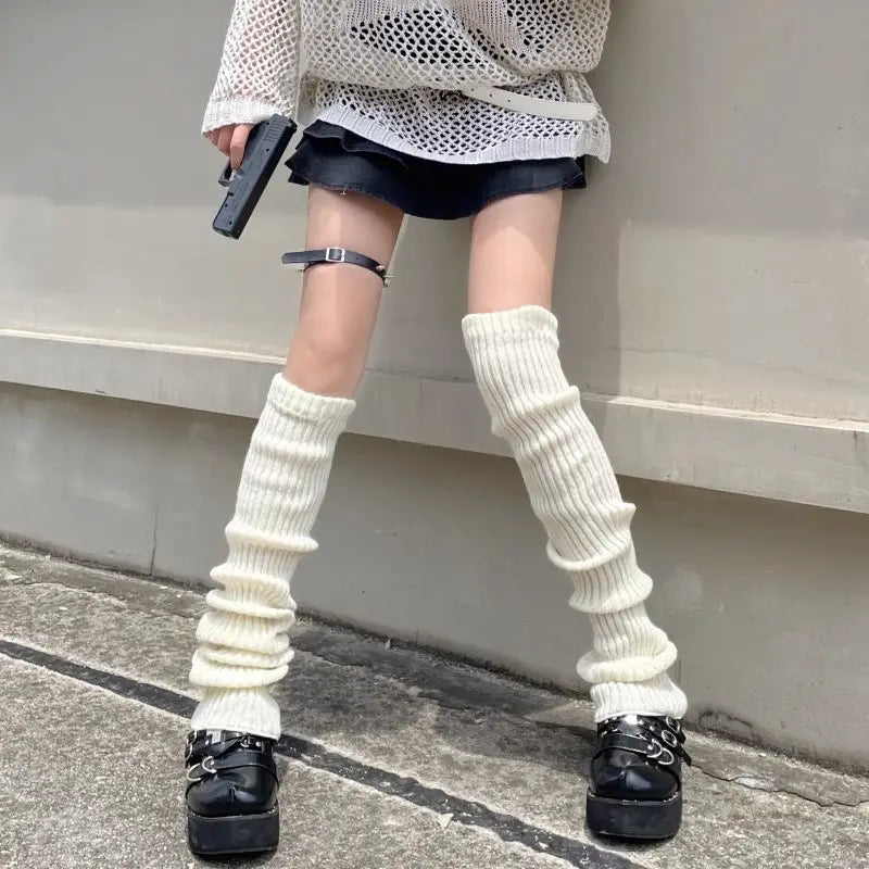 Pair of FanzyMarket knit bubble leg warmers in Y2K punk gothic style, crochet design, available in 40, 50, and 70 cm lengths.
